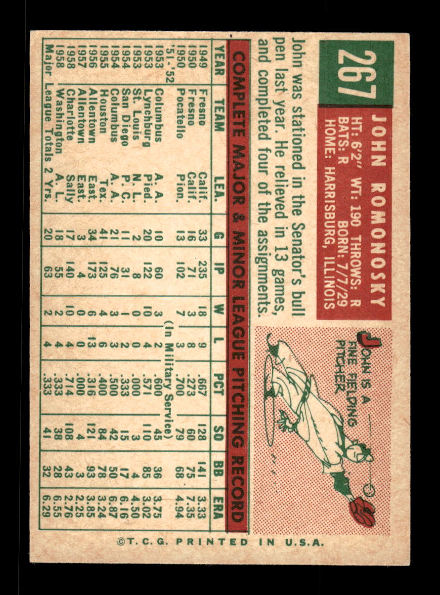 1959 Topps #267a John Romonosky Washington Senators EXMT 10013006
