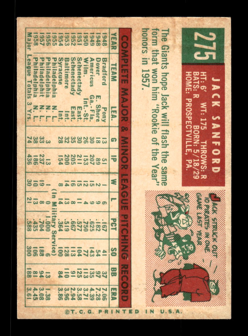1959 Topps #275b Jack Sanford San Francisco Giants EXMT 10013008