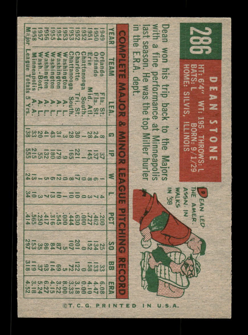 1959 Topps #286b Dean Stone Boston Red Sox EXMT 10013010