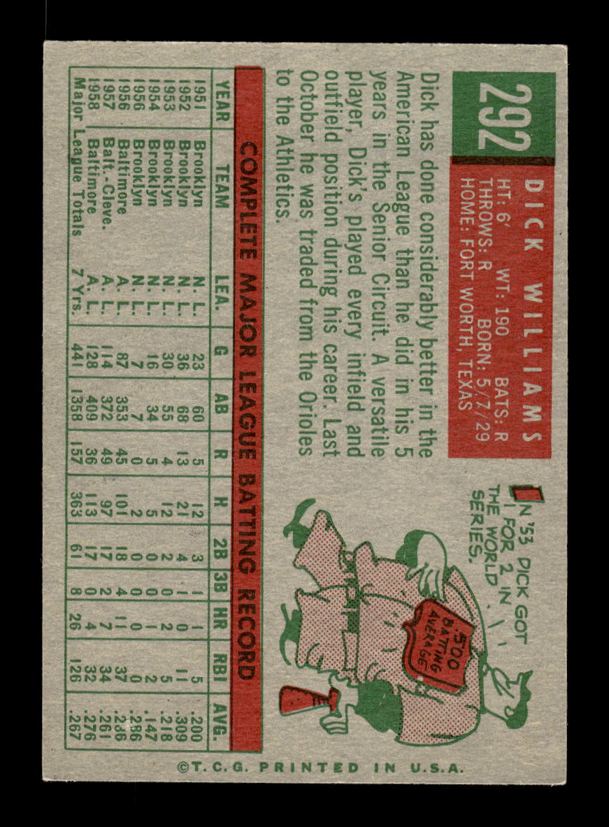 1959 Topps #292 Dick Williams Kansas City Athletics EXMT 10013014