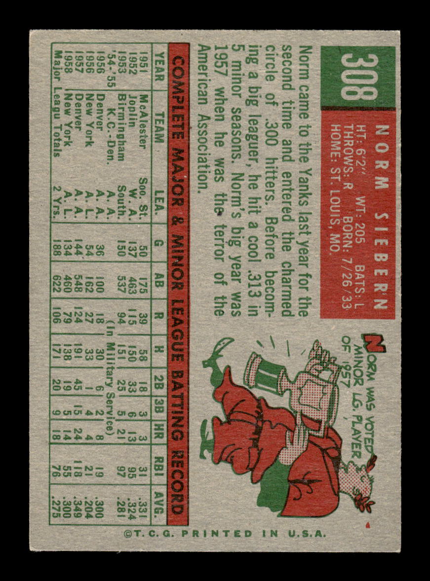 1959 Topps #308 Norm Siebern New York Yankees EXMT 10013022