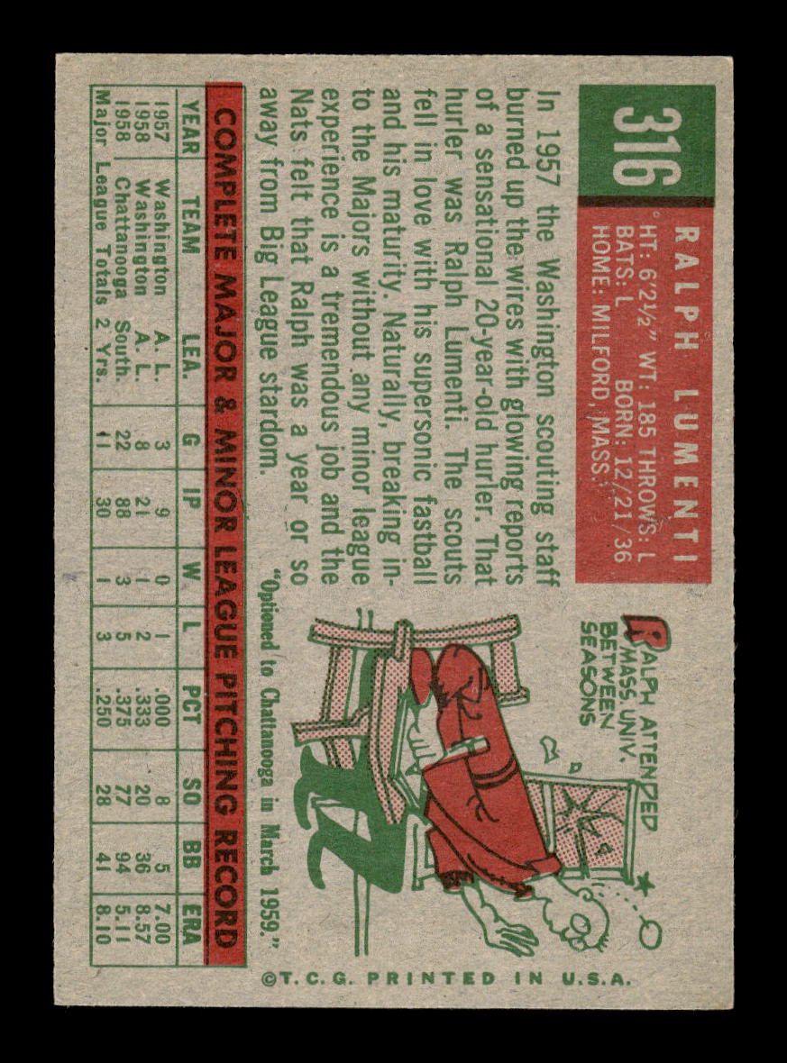 1959 Topps #316b Ralph Lumenti Washington Senators EXMT 10013026