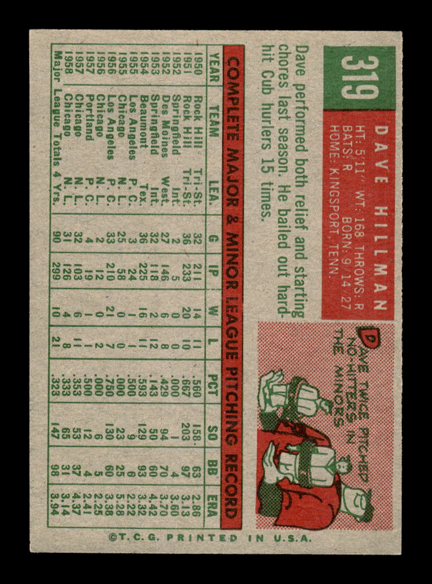 1959 Topps #319 Dave Hillman Chicago Cubs EXMT 10013027