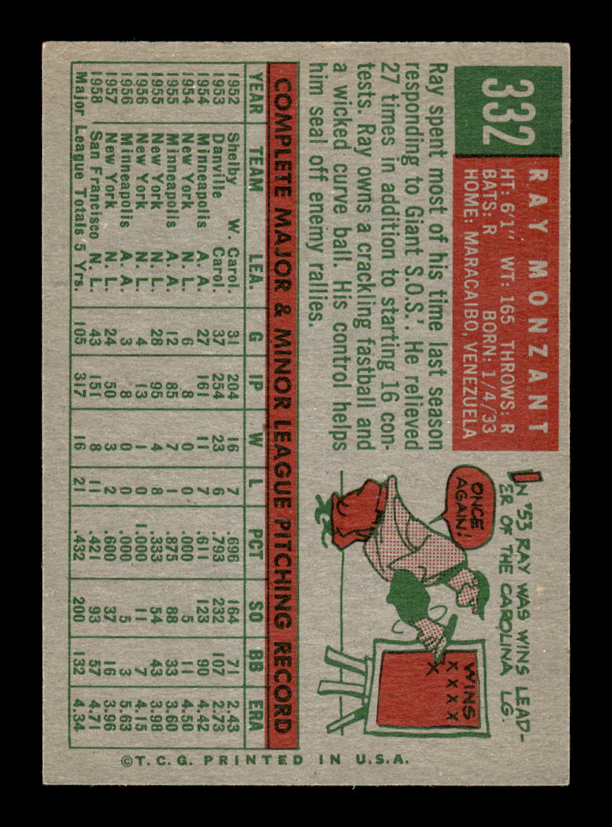 1959 Topps #332 Ray Monzant San Francisco Giants EXMT 10013031