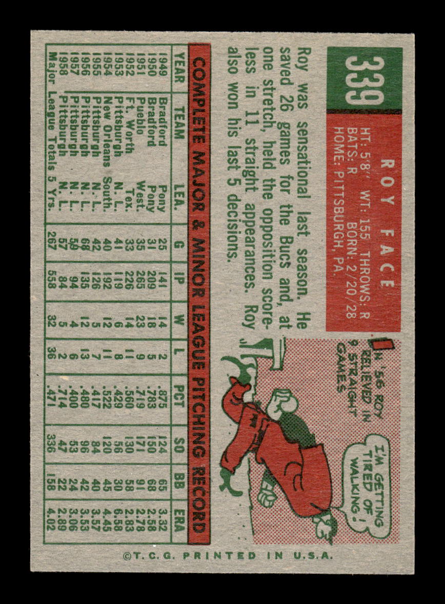 1959 Topps #339 Roy Face Pittsburgh Pirates EXMT 10013033