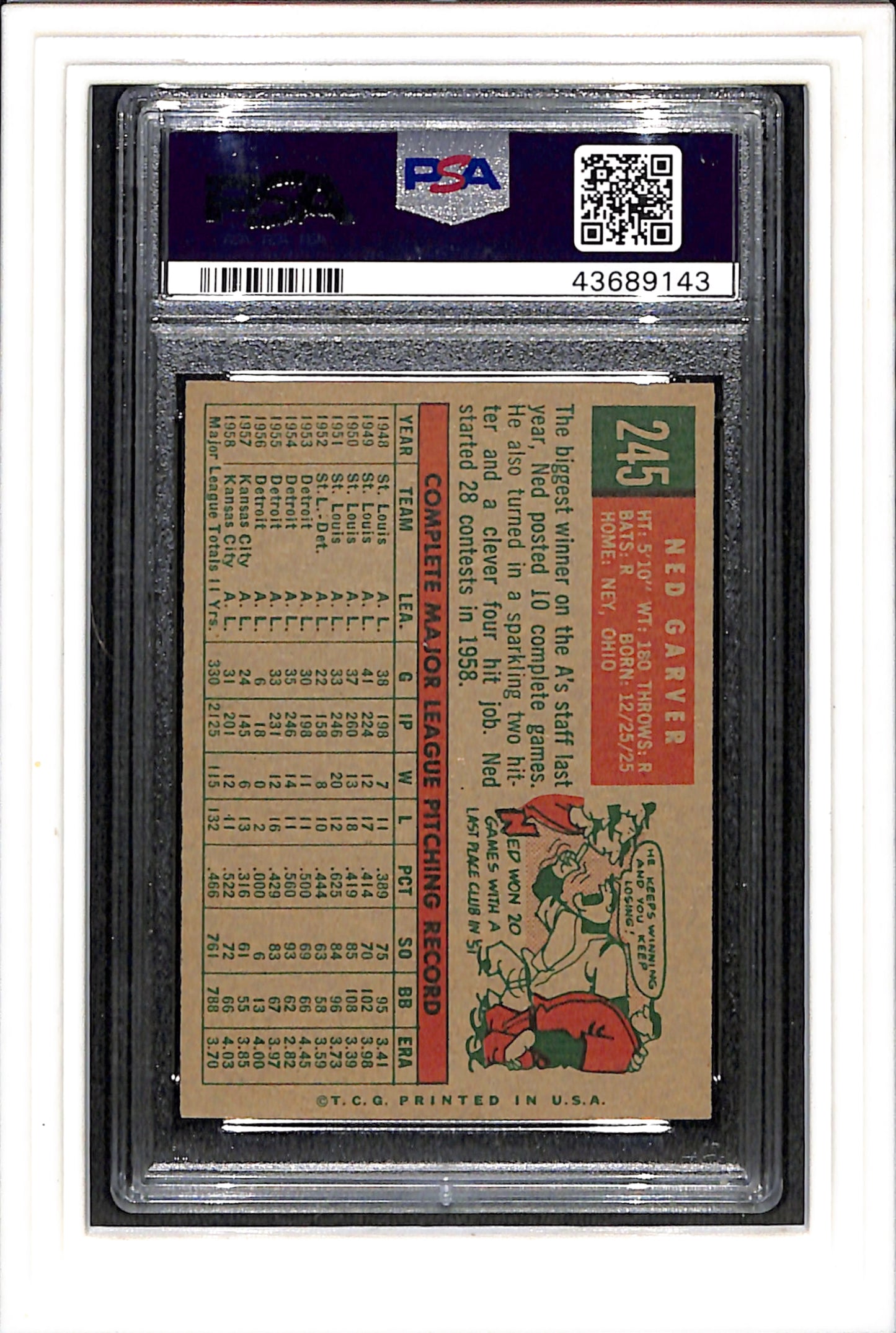 1959 Topps #245 Ned Garver Gray Back PSA 7 SN 43689143