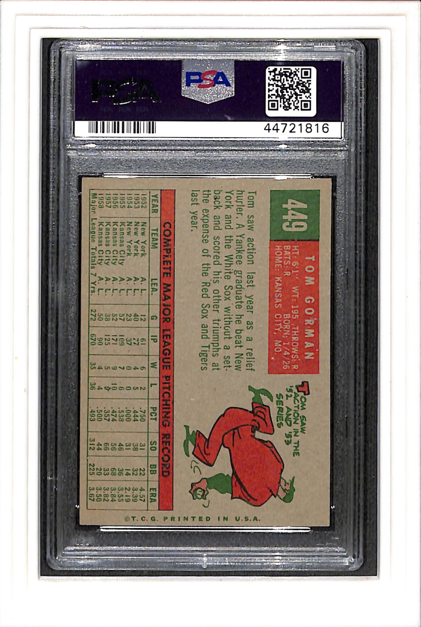1959 Topps #449 Tom Gorman PSA 6 SN 44721816