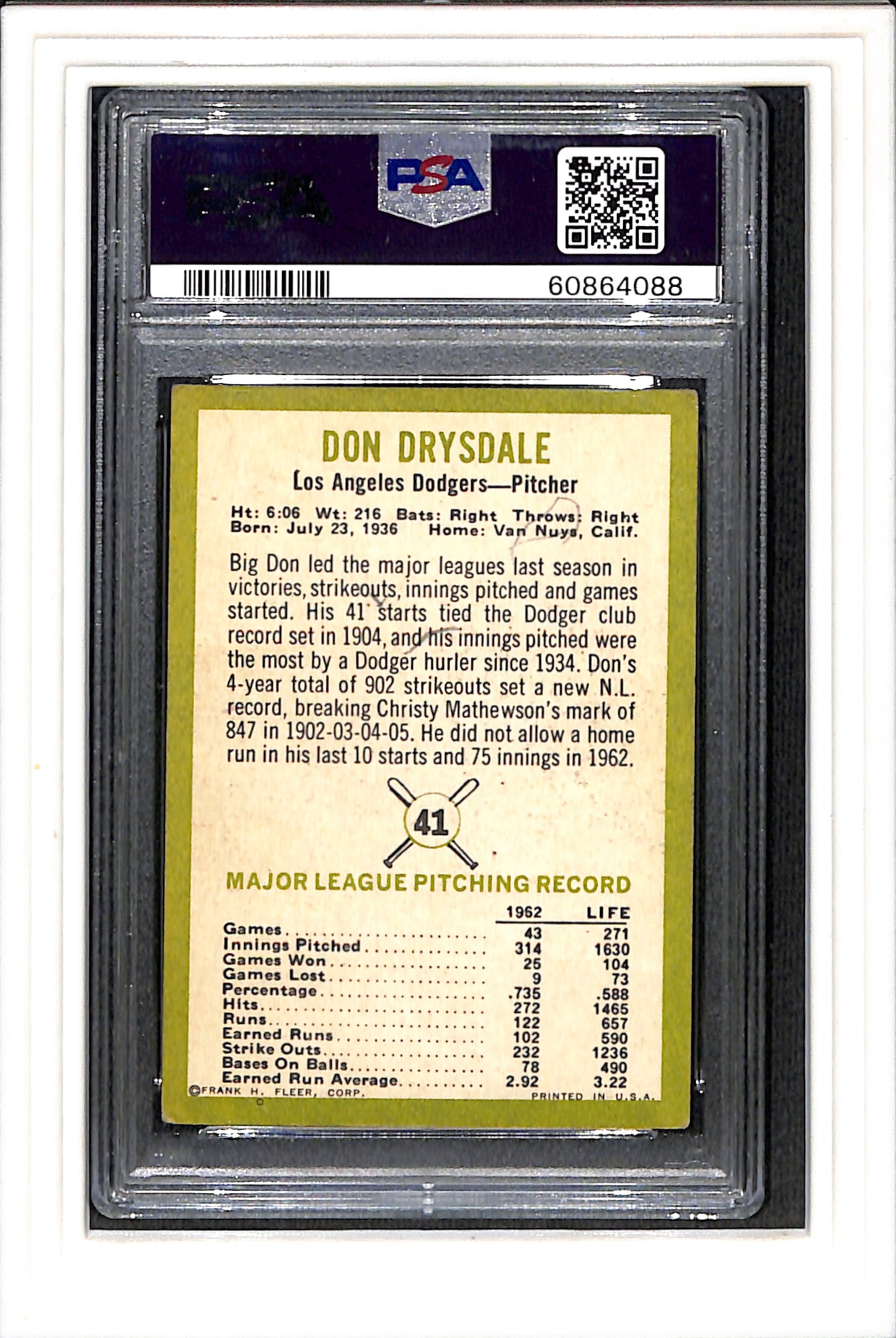 1963 Fleer #41 Don Drysdale PSA 4 SN 60864088