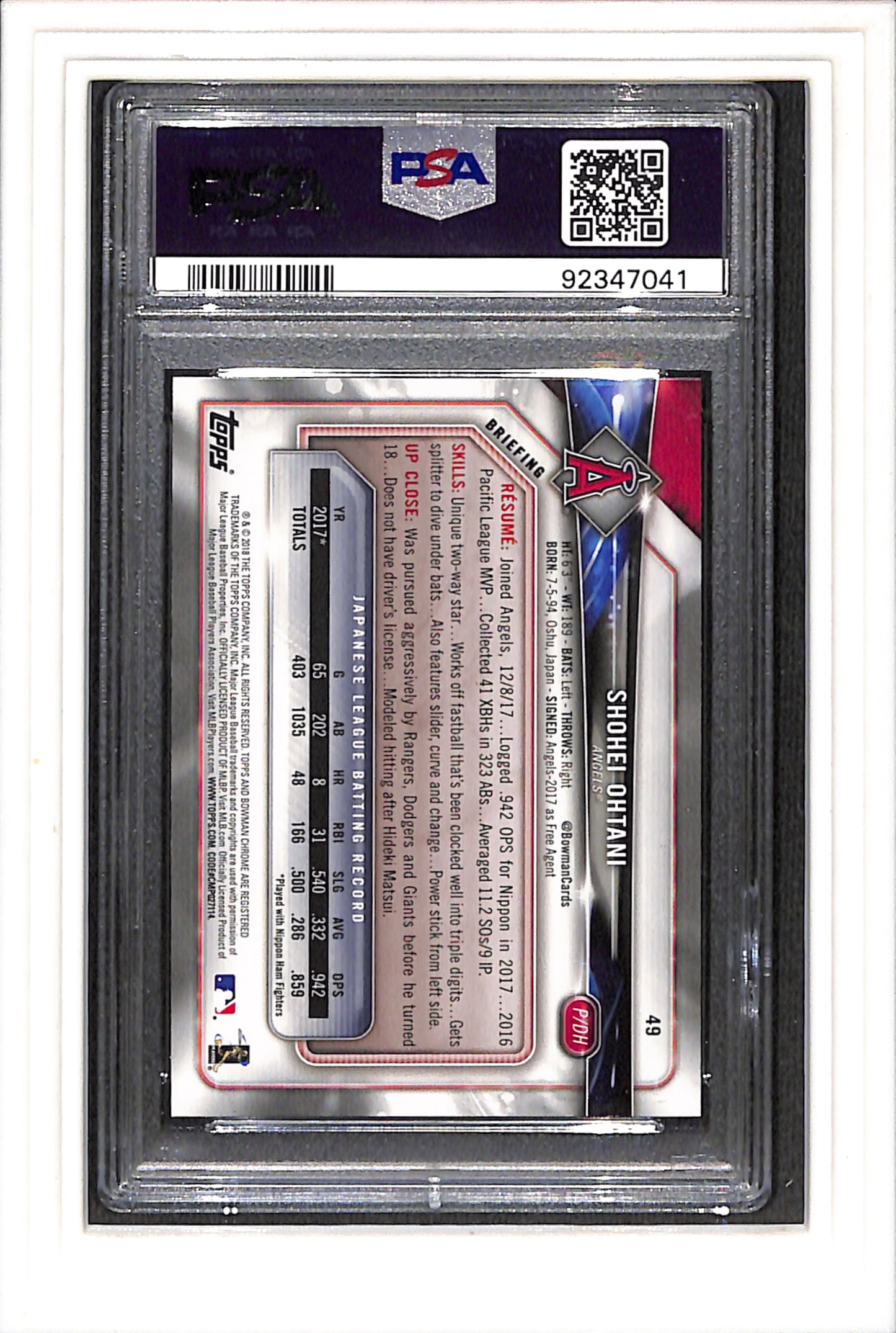 2018 Bowman #49 Shohei Ohtani PSA 9 SN 92347041