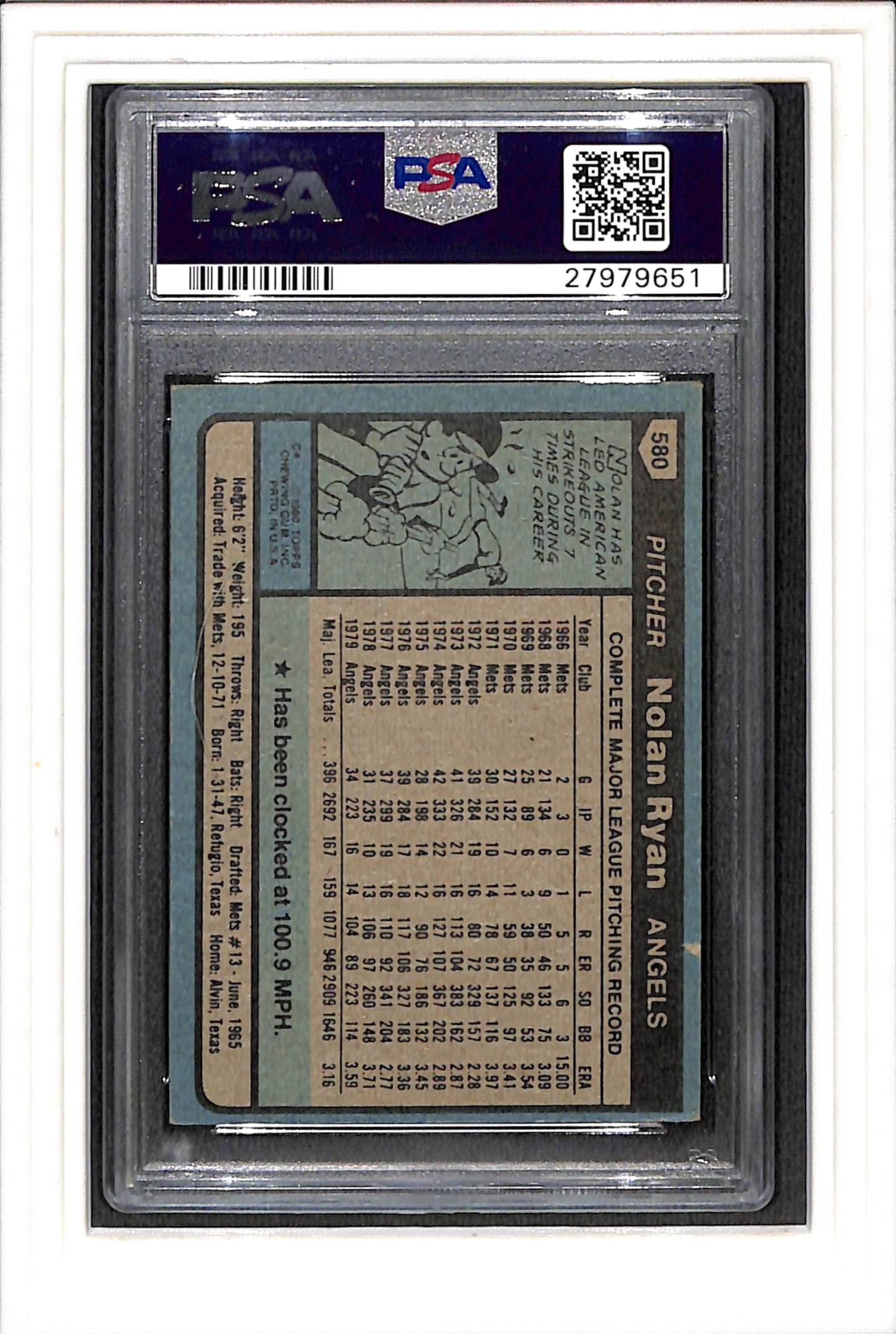 1980 Topps #580 Nolan Ryan PSA 6 SN 27979651