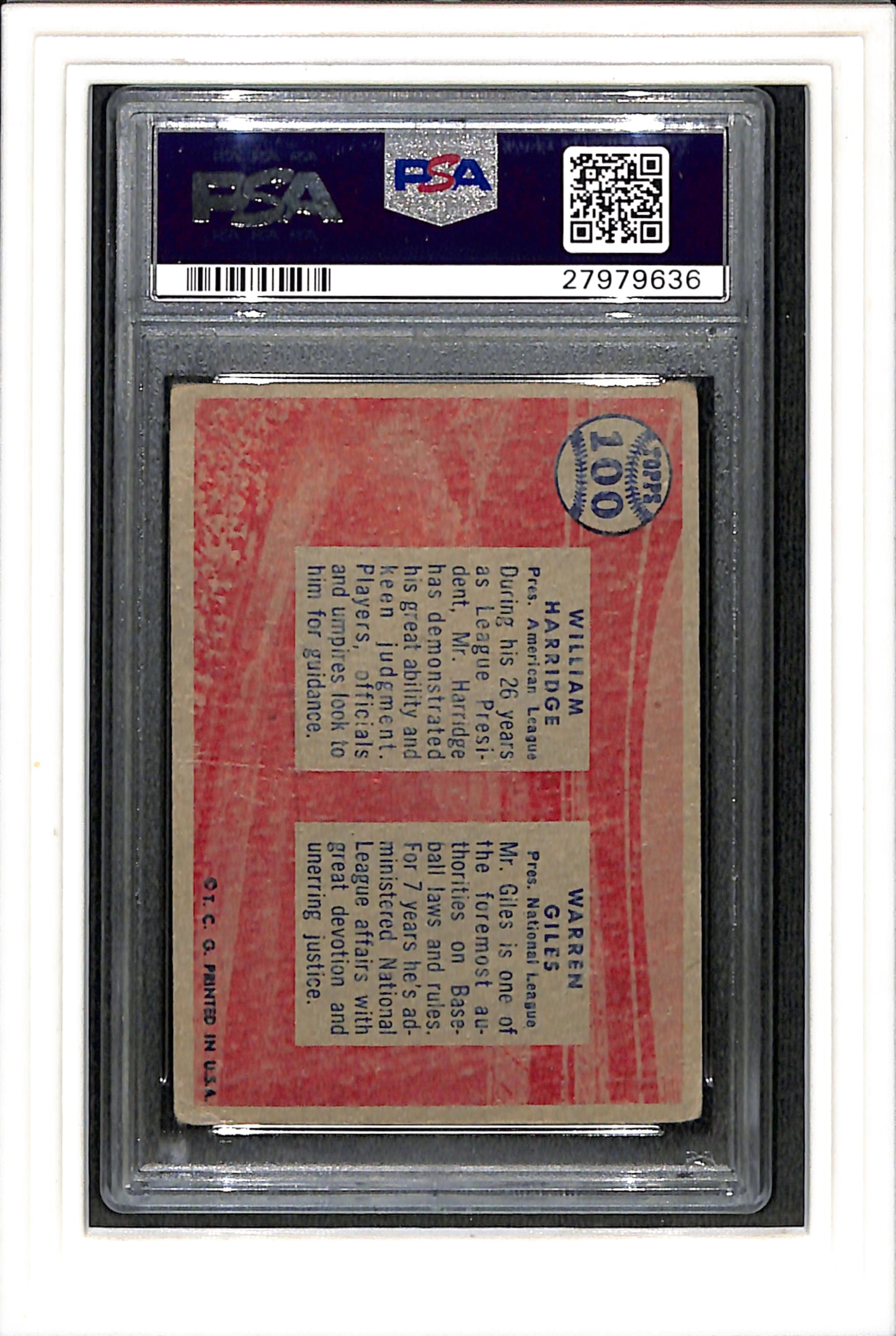 1957 Topps #100 League Presidents W.Harridge/W.Giles PSA 2 SN 27979636