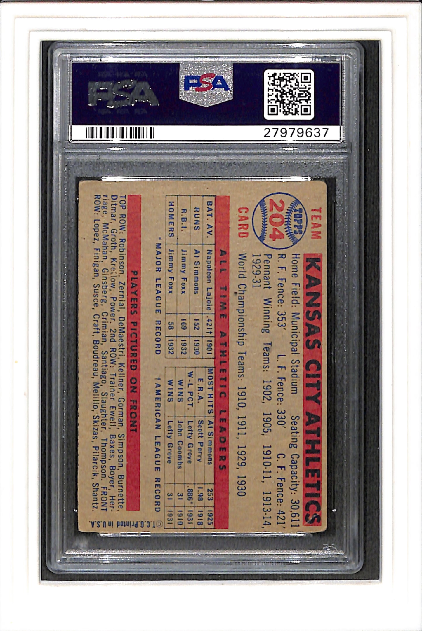 1957 Topps #204 A'S Team PSA 3 SN 27979637