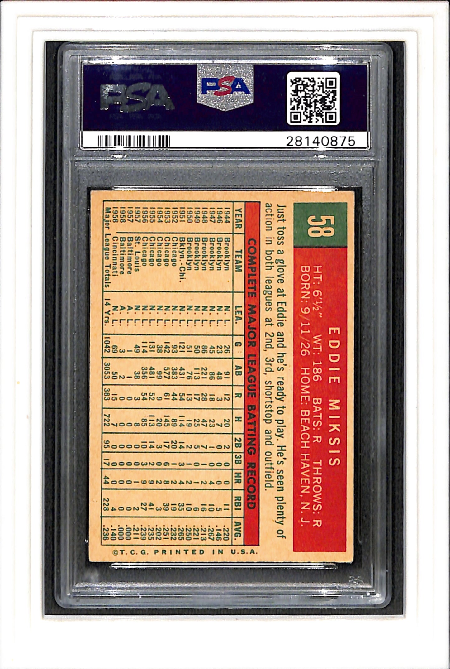 1959 Topps #58 Eddie Miksis PSA 5 SN 28140875