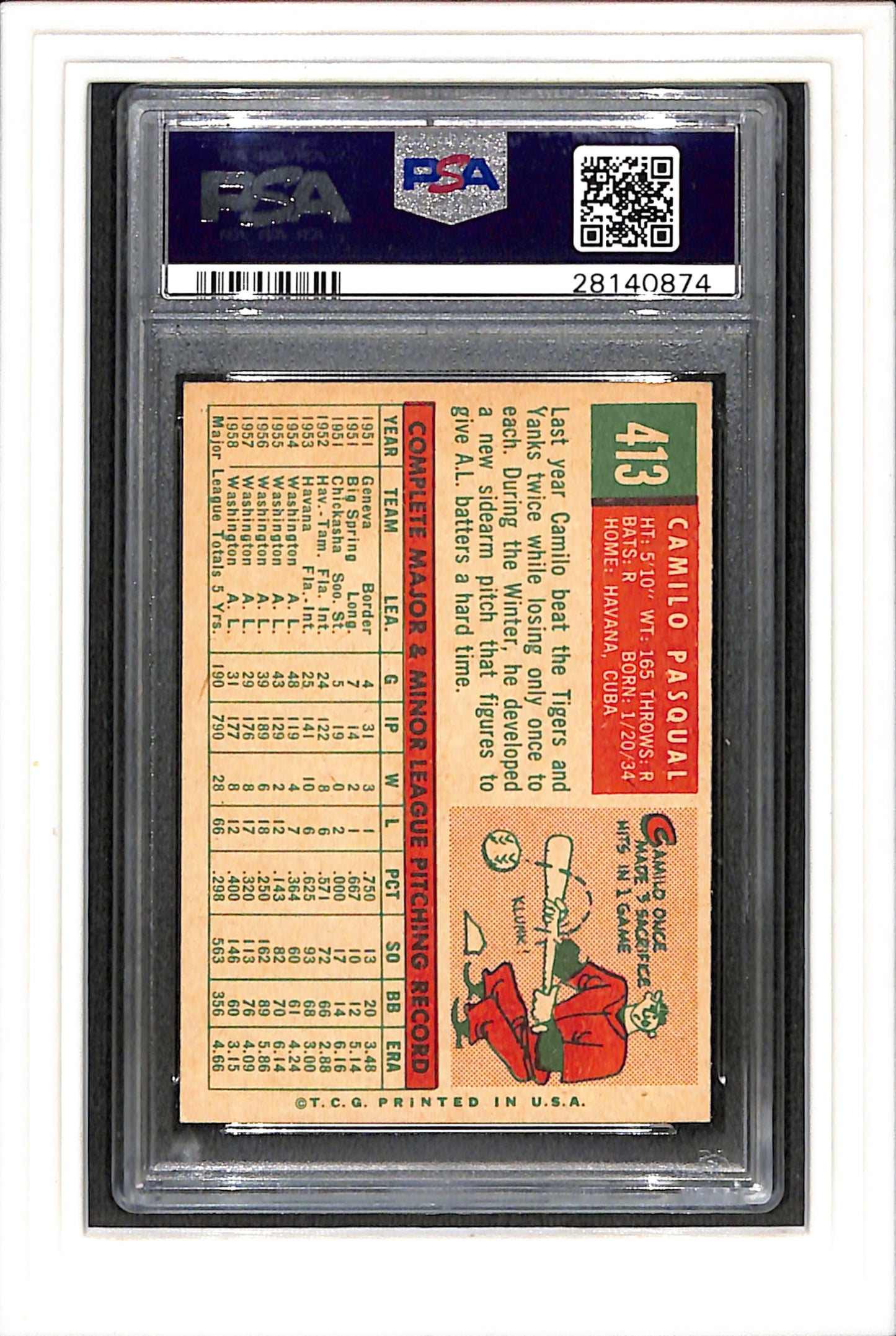 1959 Topps #413 Camillo Pascual PSA 5 SN 28140874