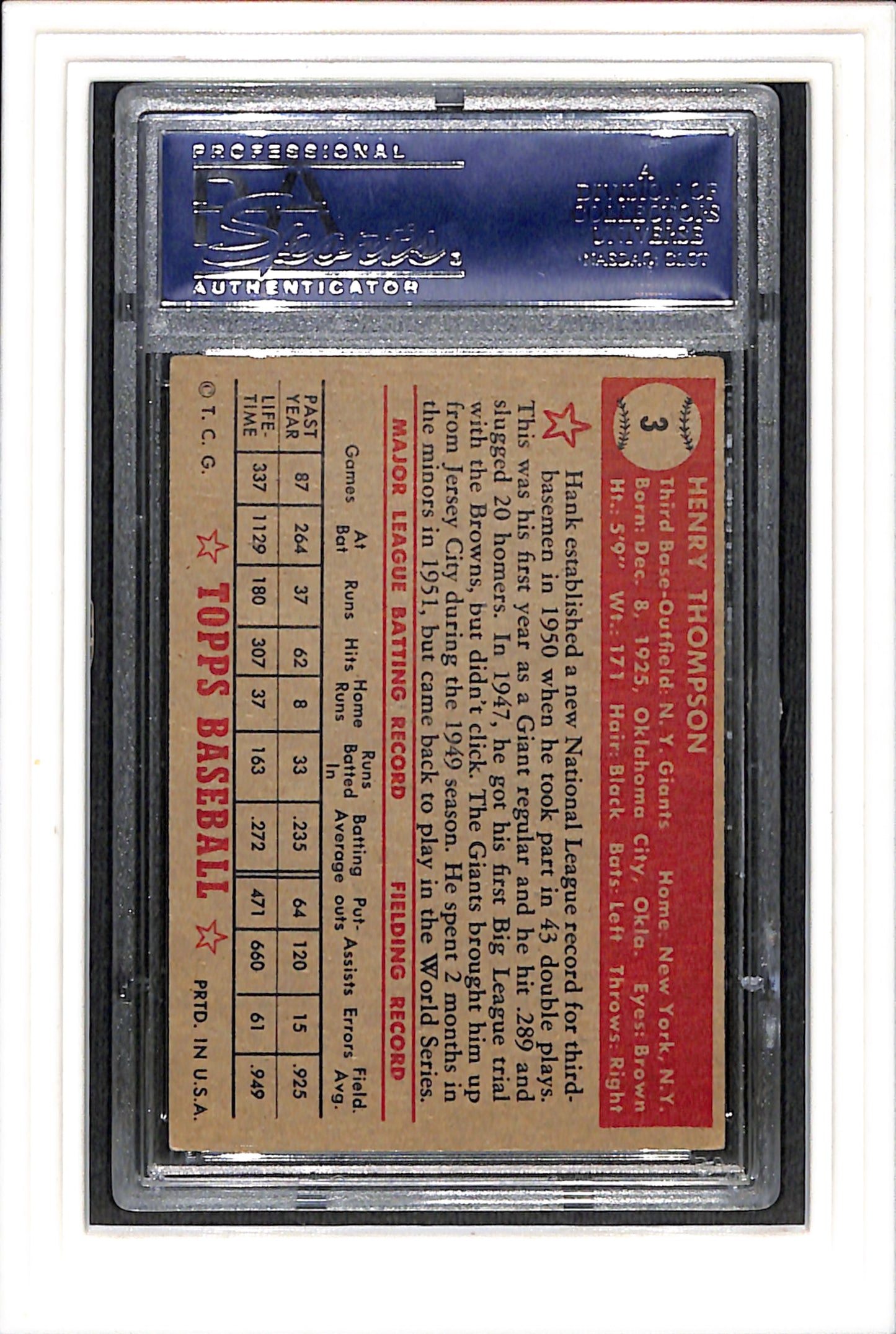 1952 Topps #3 Hank Thompson PSA 4 SN 18739293