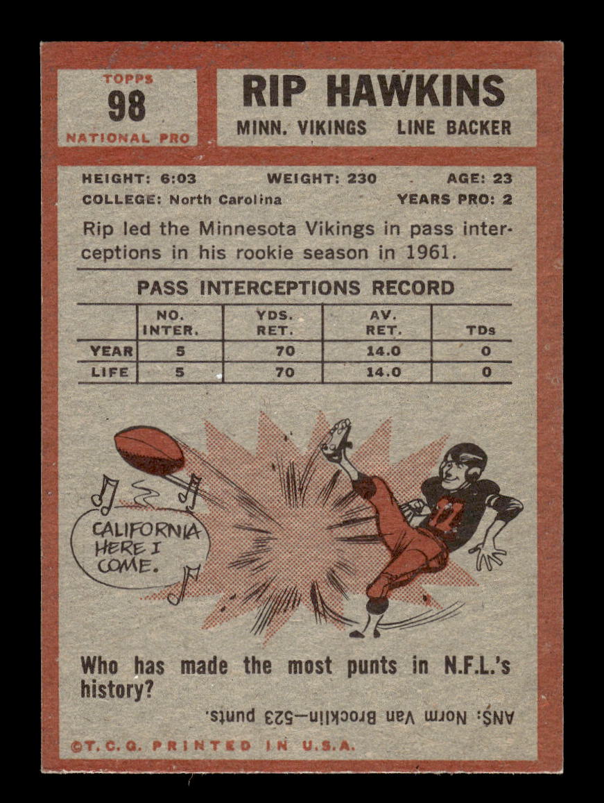 1962 Topps #98 Rip Hawkins Minnesota Vikings EXMT 10013127