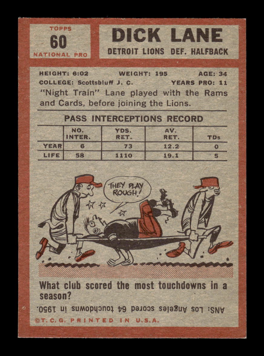 1962 Topps #60 Dick Lane Detroit Lions EXMT 10013130