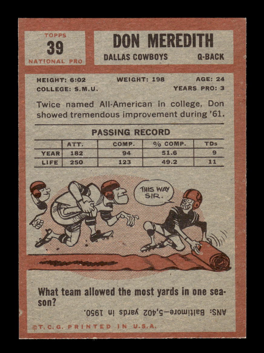 1962 Topps #39 Don Meredith Dallas Cowboys EXMT 10013132