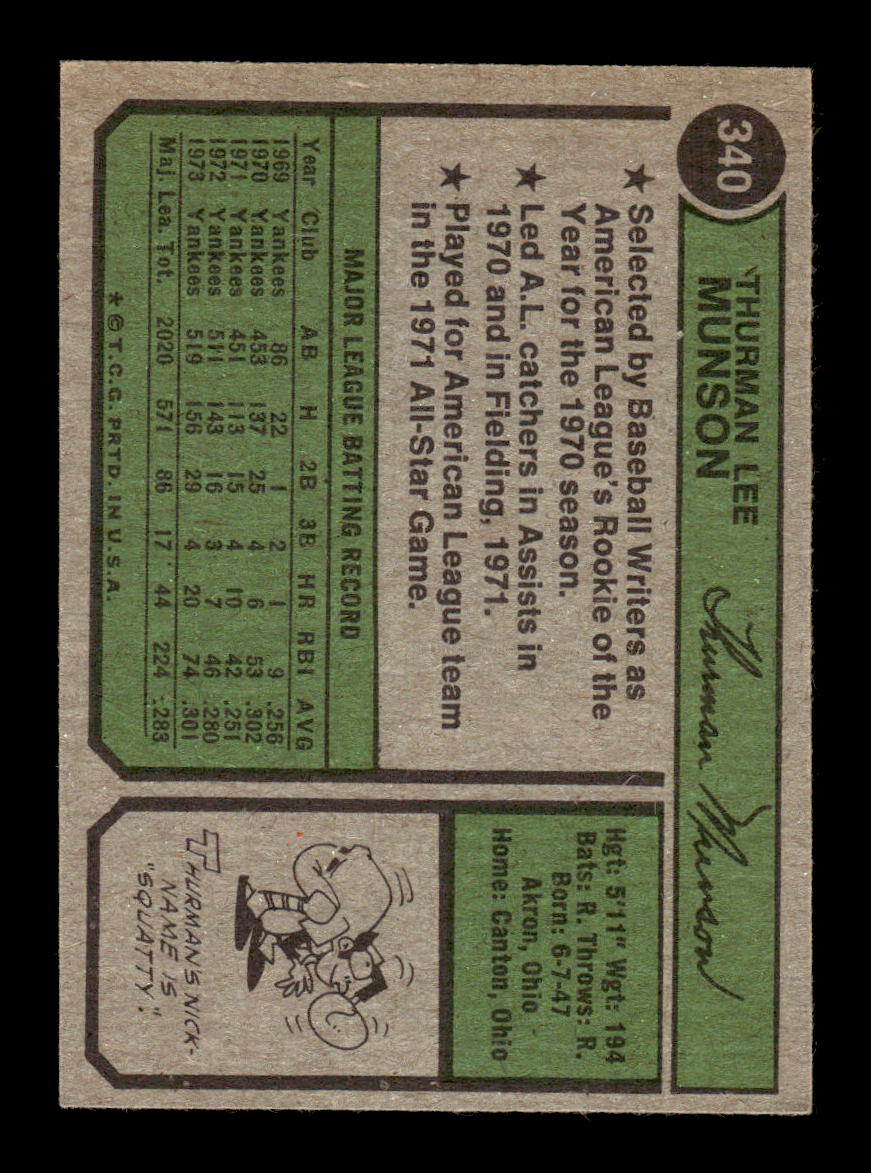 1974 Topps #340 Thurman Munson New York Yankees EX 10013156