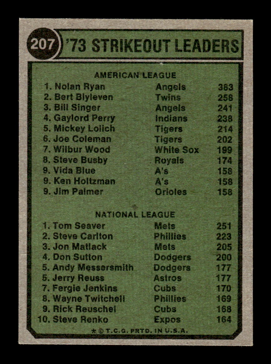 1974 Topps #207 1973 Strikeout Leaders (Nolan Ryan / Tom Seaver) EX 10013163