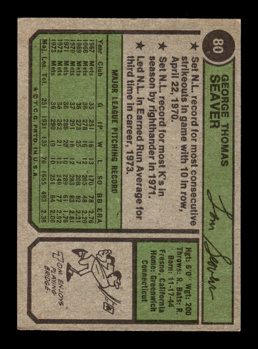 1974 Topps #80 Tom Seaver New York Mets EX 10013164