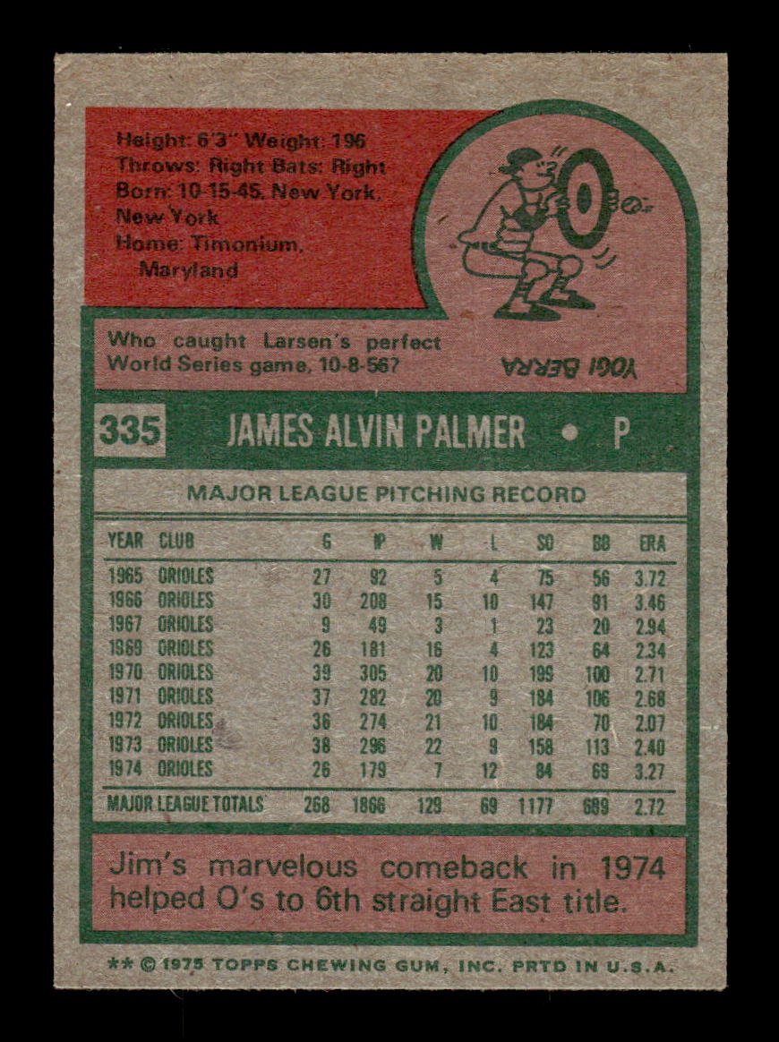 1975 Topps #335 Jim Palmer Baltimore Orioles EX 10013170