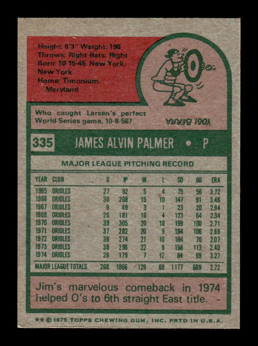 1975 Topps #335 Jim Palmer Baltimore Orioles EX 10013180