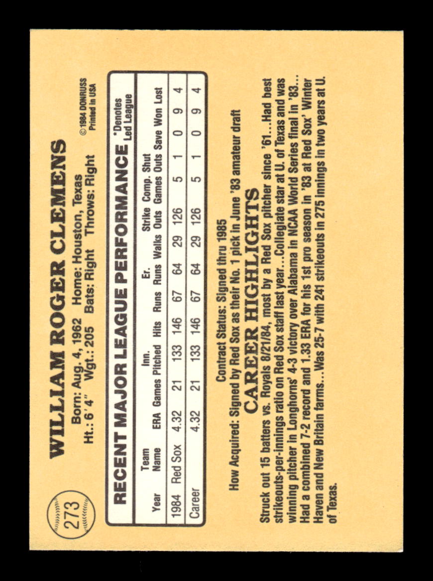 1985 Donruss #273 Roger Clemens Boston Red Sox VG MM26013518