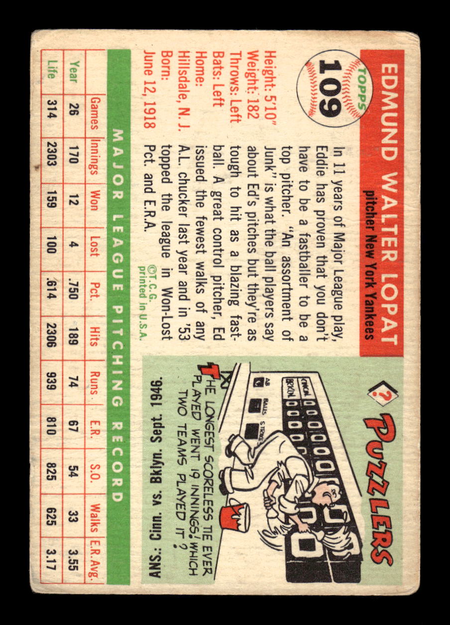1955 Topps #109 Ed Lopat New York Yankees VG MM26013765