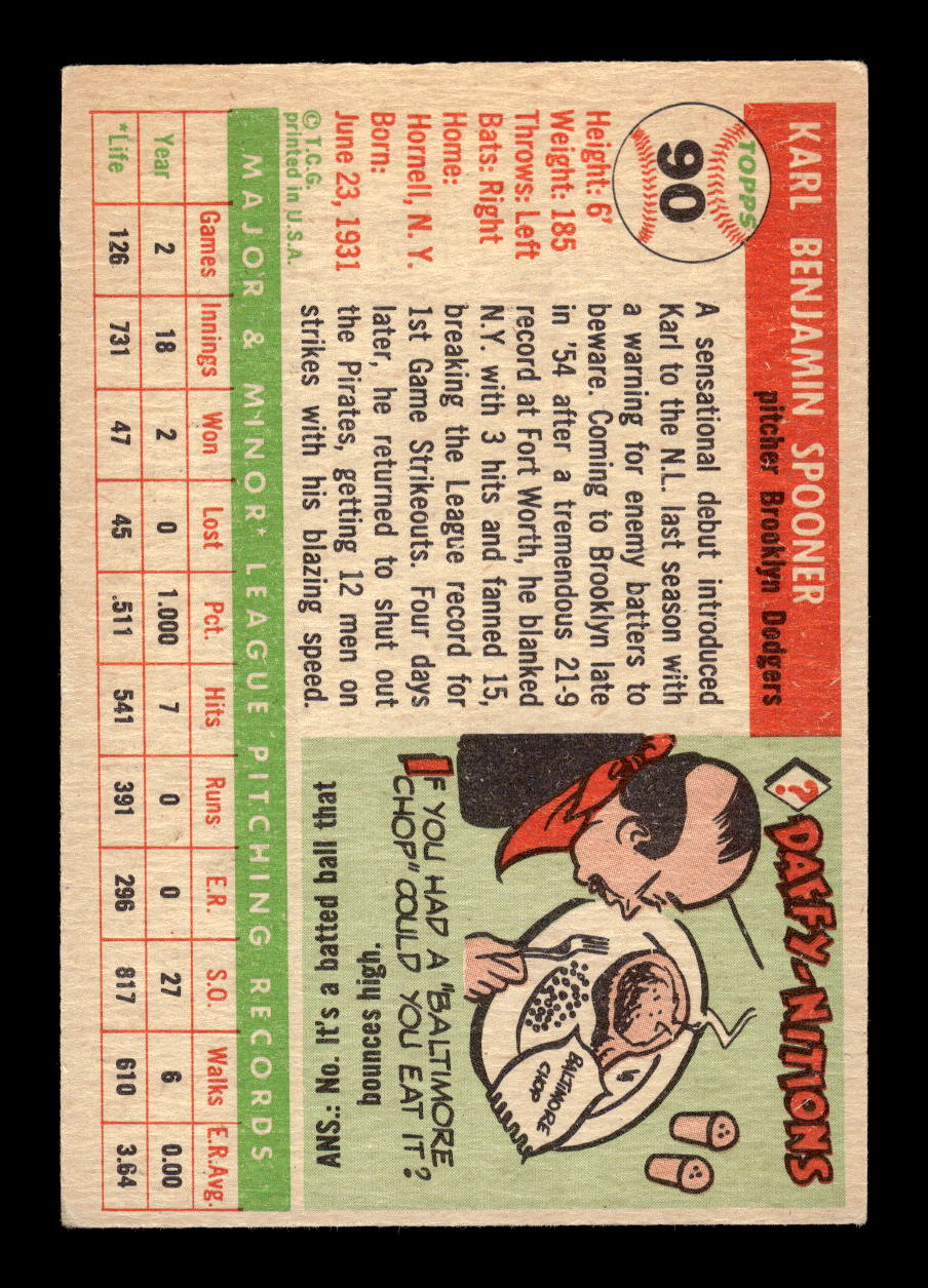 1955 Topps #90 Karl Spooner Brooklyn Dodgers VG MM26013774