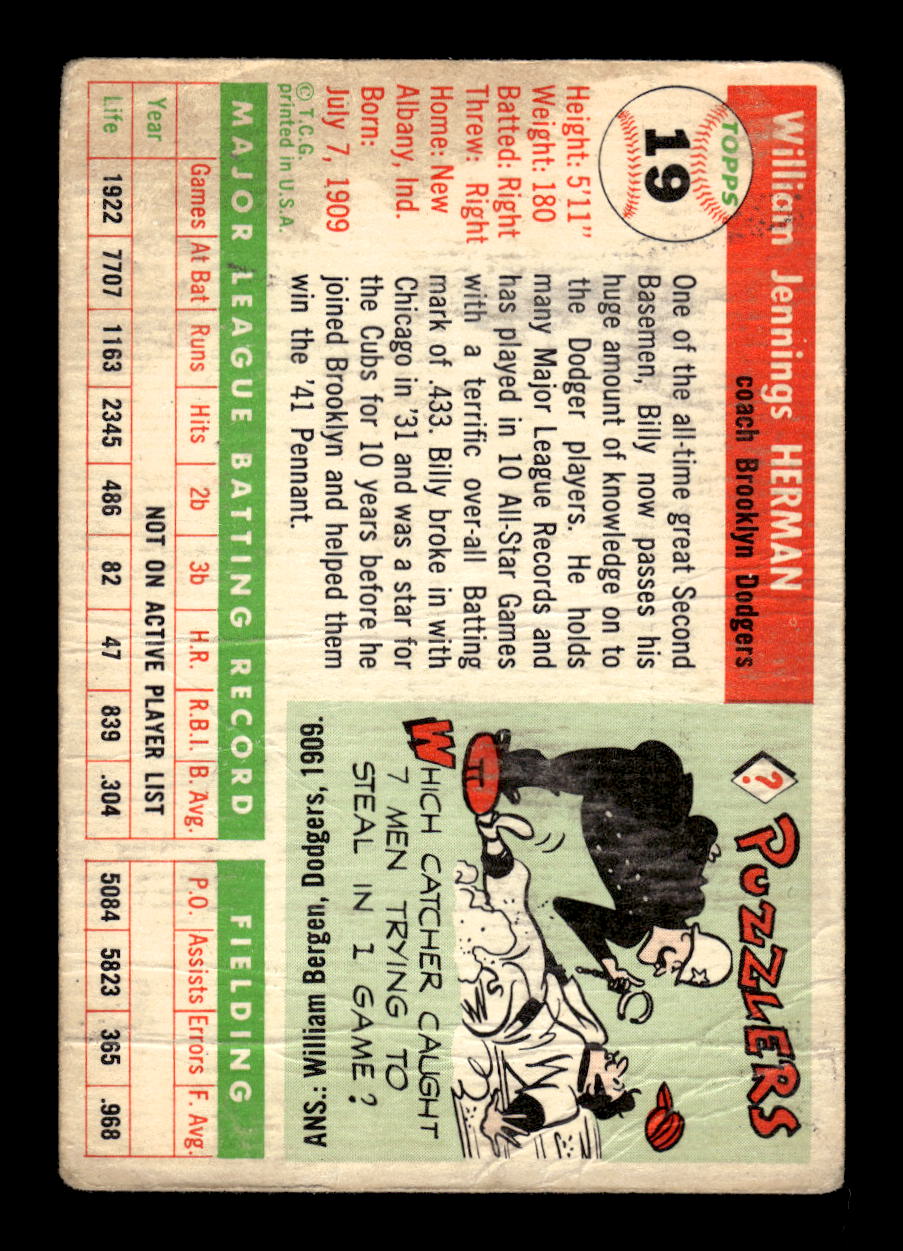 1955 Topps #19 Billy Herman Brooklyn Dodgers VG MM26013797