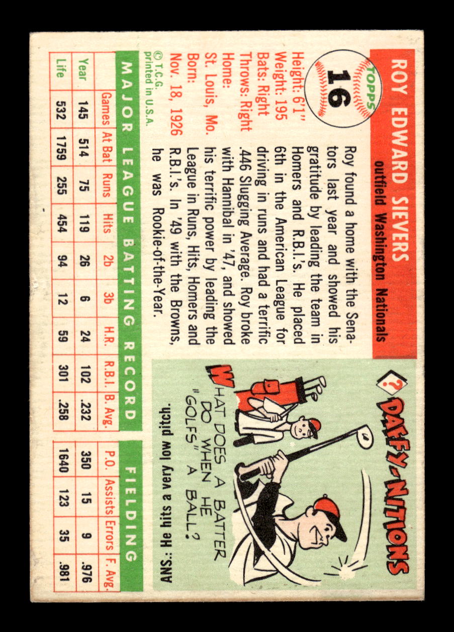 1955 Topps #16 Roy Sievers Washington Senators VG MM26013798