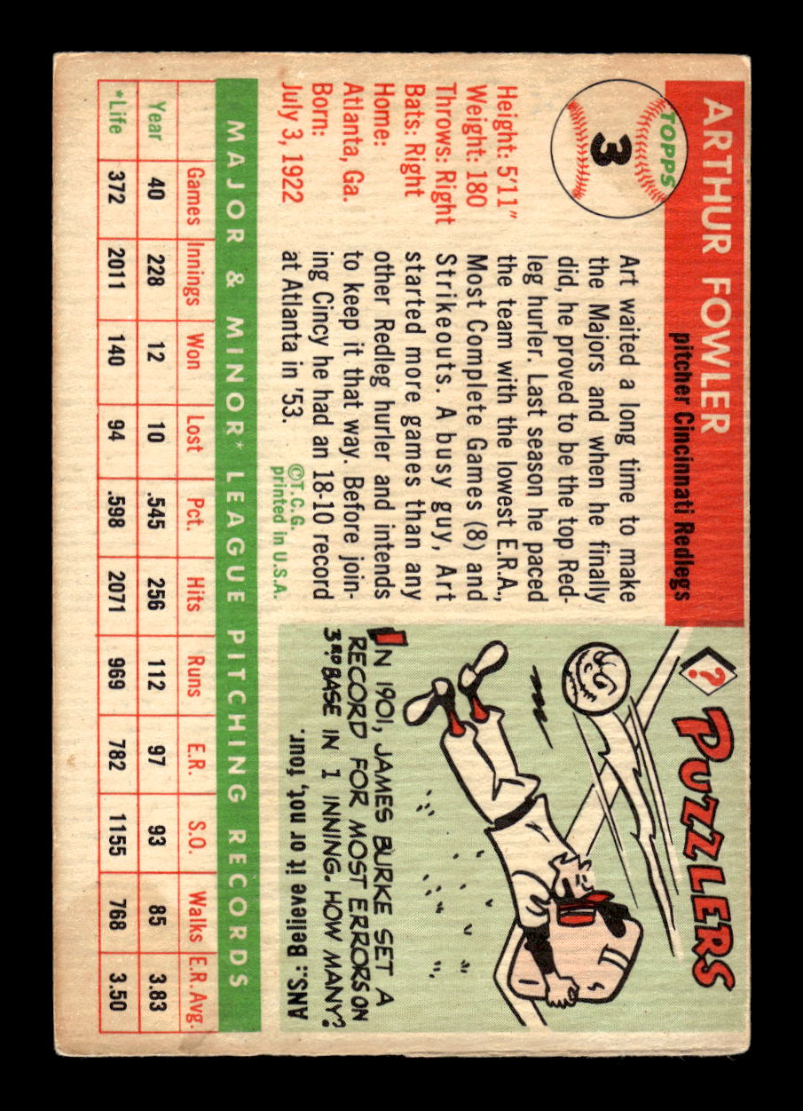 1955 Topps #3 Art Fowler Cincinnati Redlegs VG MM26013802