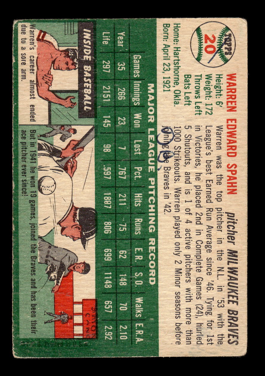 1954 Topps #20 Warren Spahn Milwaukee Braves Poor MM26013810