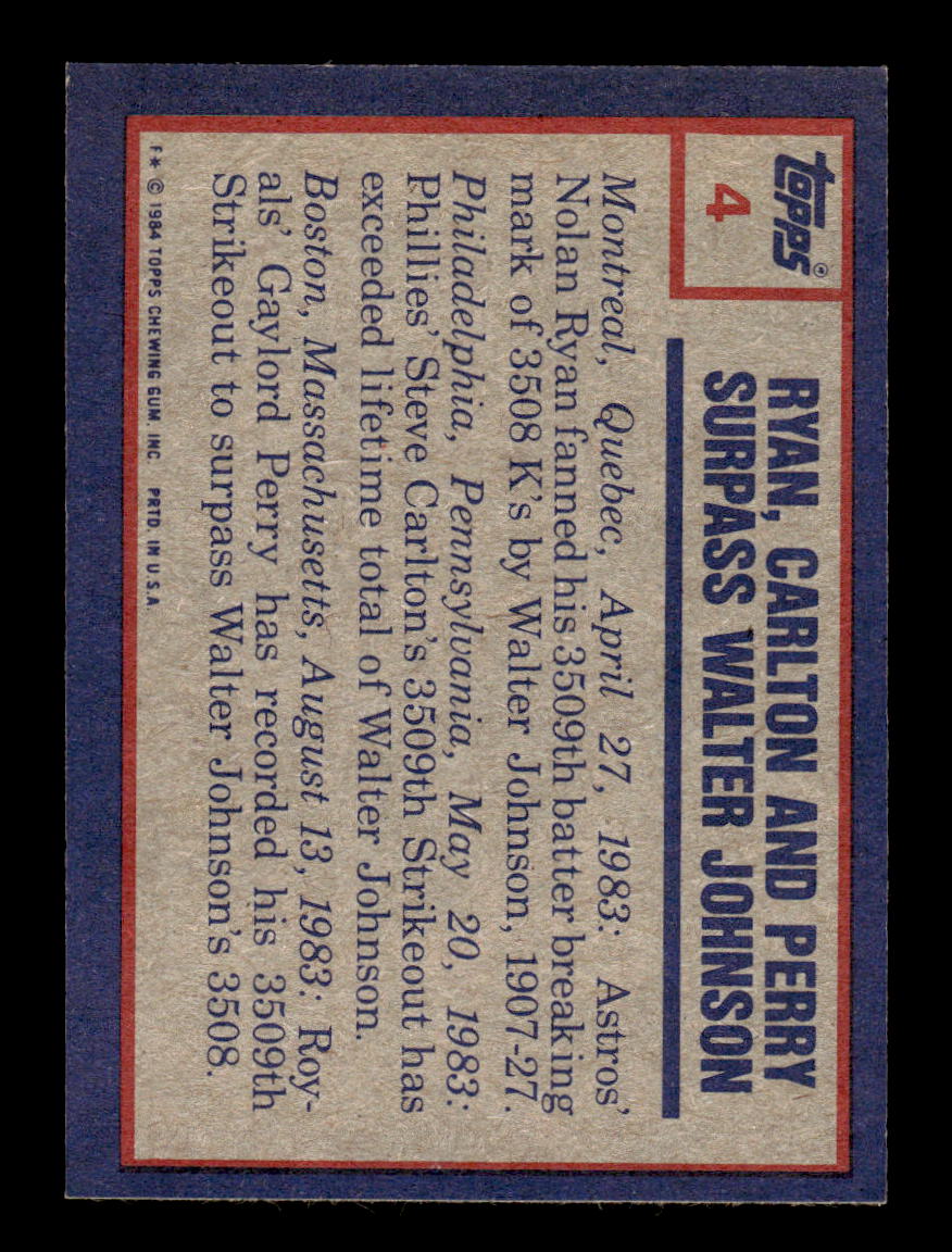 1984 Topps #4 Nolan Ryan / Steve Carlton / Gaylord Perry EX MM26013933