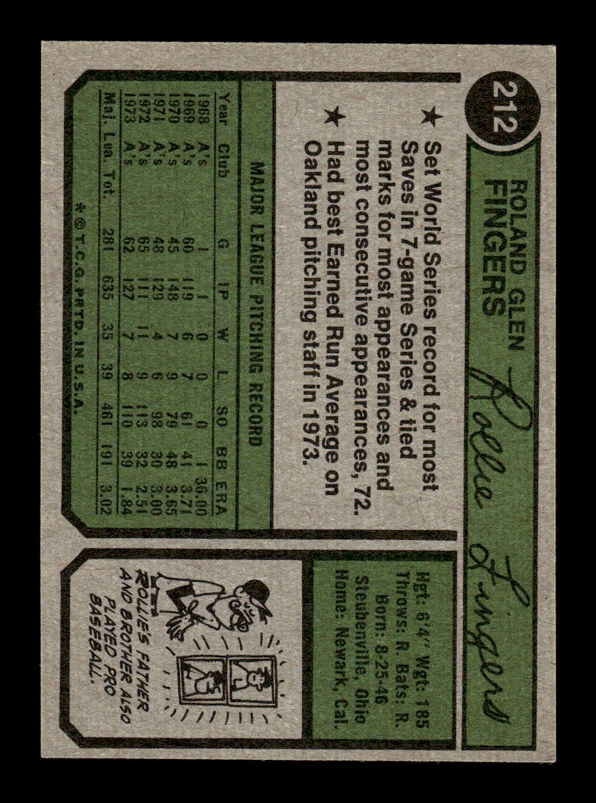 1974 Topps #212 Rollie Fingers Oakland Athletics EX MM26013937