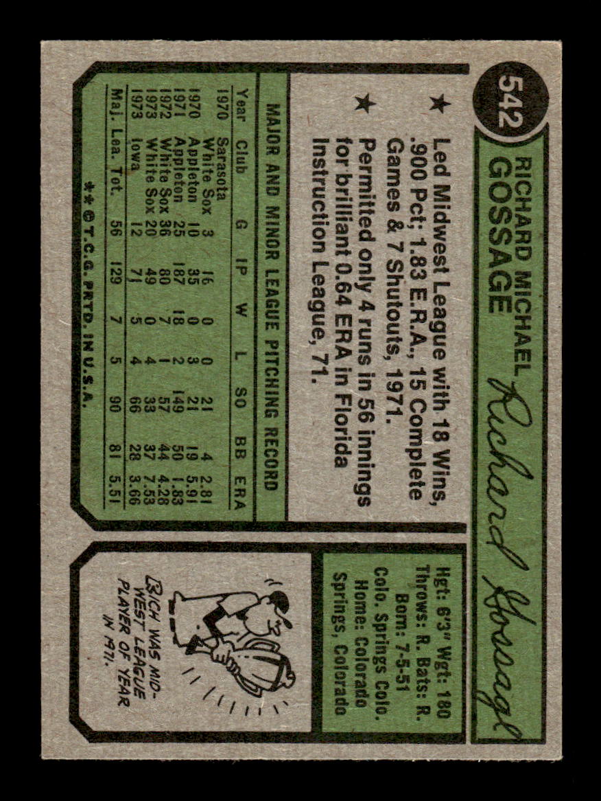 1974 Topps #542 Rich Gossage Chicago White Sox EX MM26013940