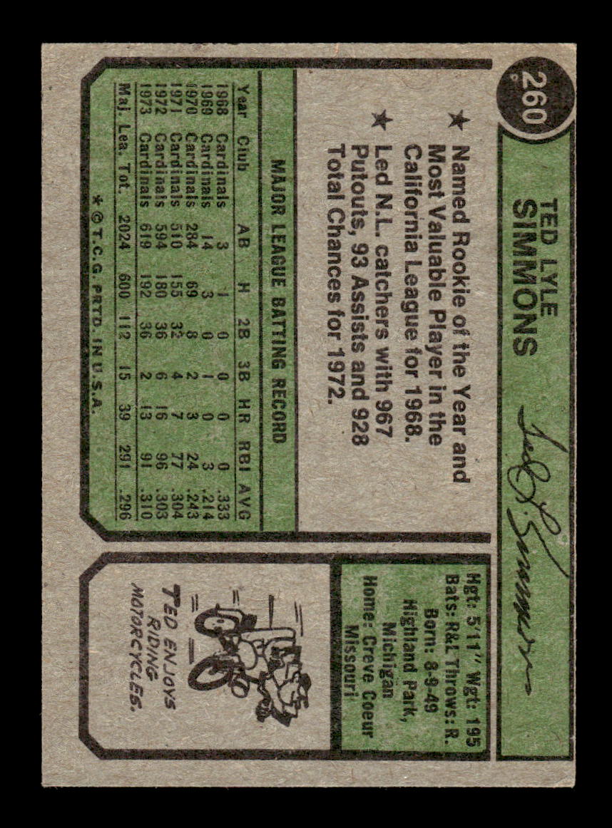 1974 Topps #260 Ted Simmons St. Louis Cardinals EX MM26013942