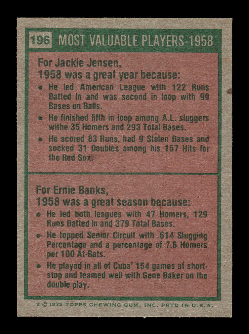 1975 Topps #196 1958 MVPs (Jackie Jensen / Ernie Banks) EX MM26013955