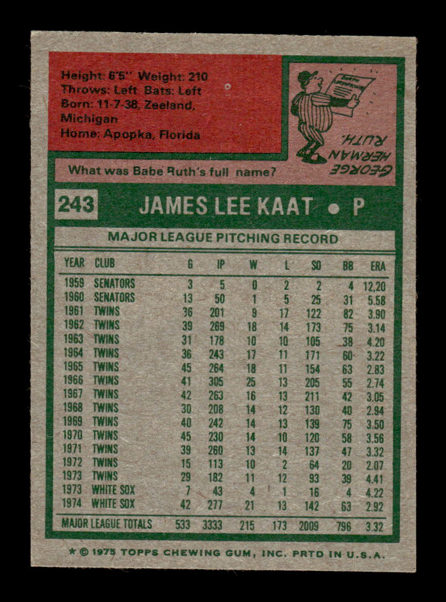 1975 Topps #243 Jim Kaat Chicago White Sox EX MM26013959