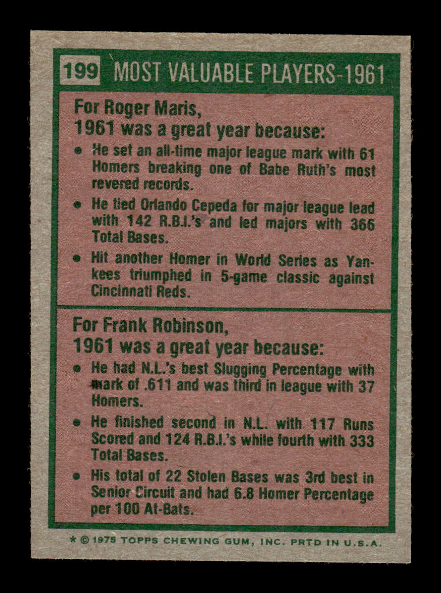 1975 Topps #199 1961 MVPs (Roger Maris / Frank Robinson) EX MM26013966