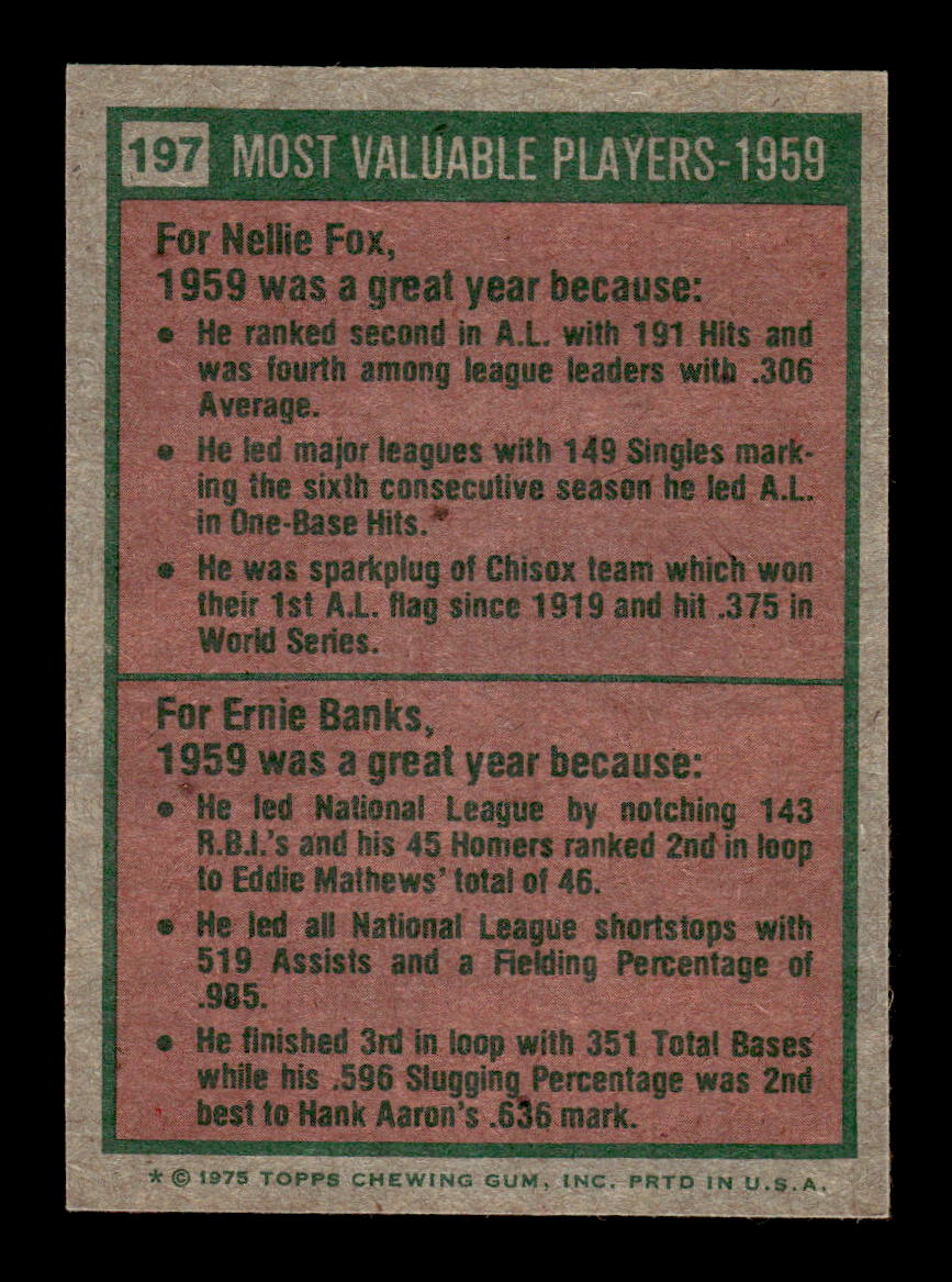 1975 Topps #197 1959 MVPs (Nellie Fox / Ernie Banks) EX MM26013970
