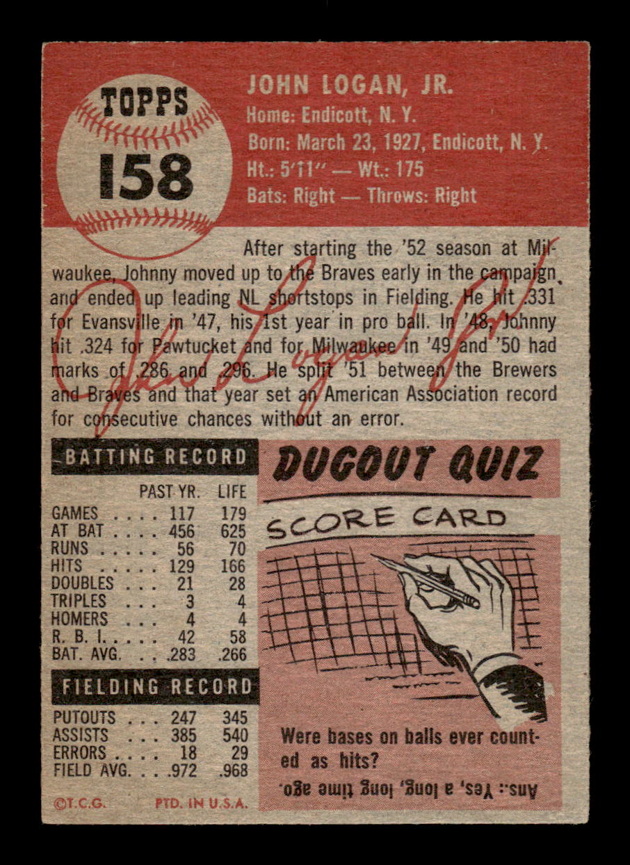 1953 Topps #158a Johnny Logan Boston Braves VGEX MM26013979