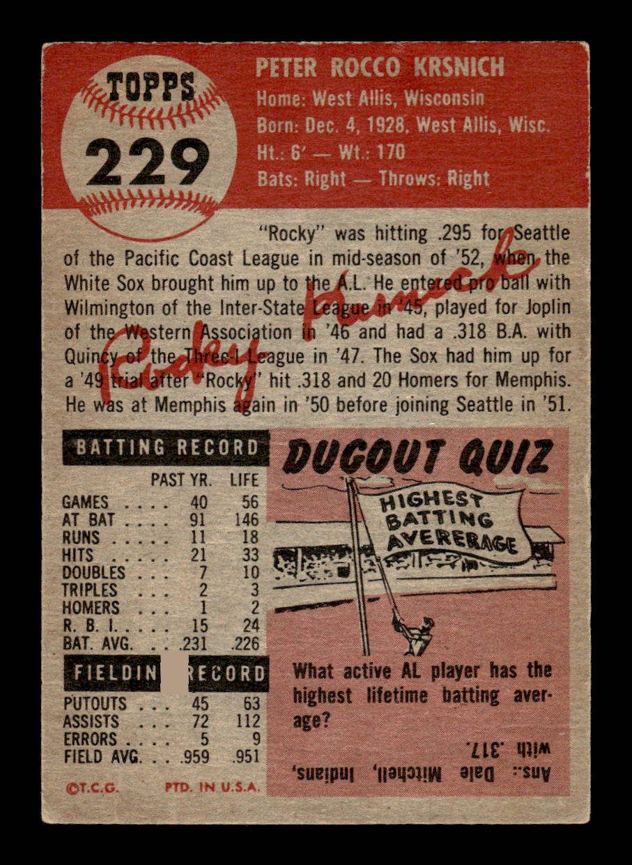 1953 Topps #229 Rocky Krsnich Chicago White Sox VG MM26013988