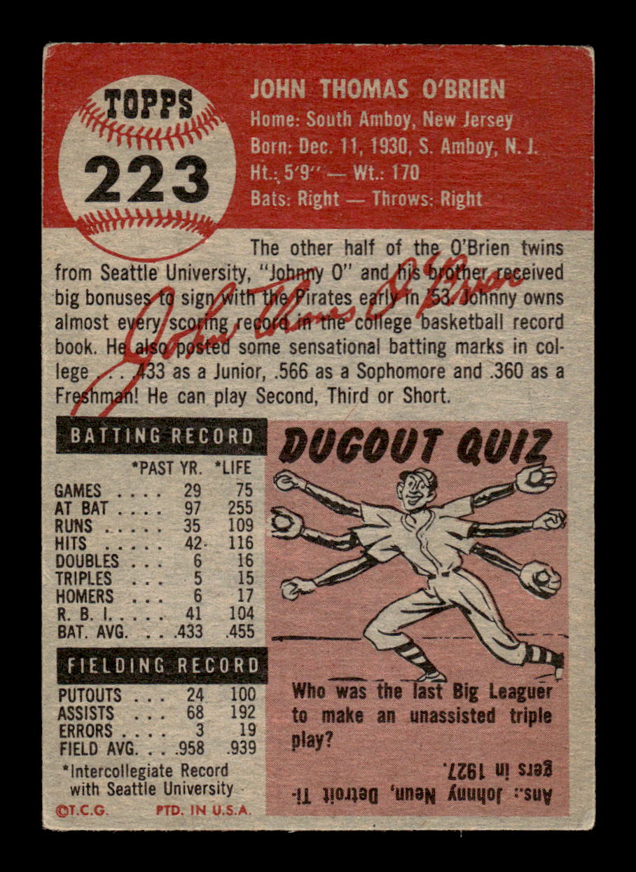 1953 Topps #223 Johnny O'Brien Pittsburgh Pirates VG MM26013990