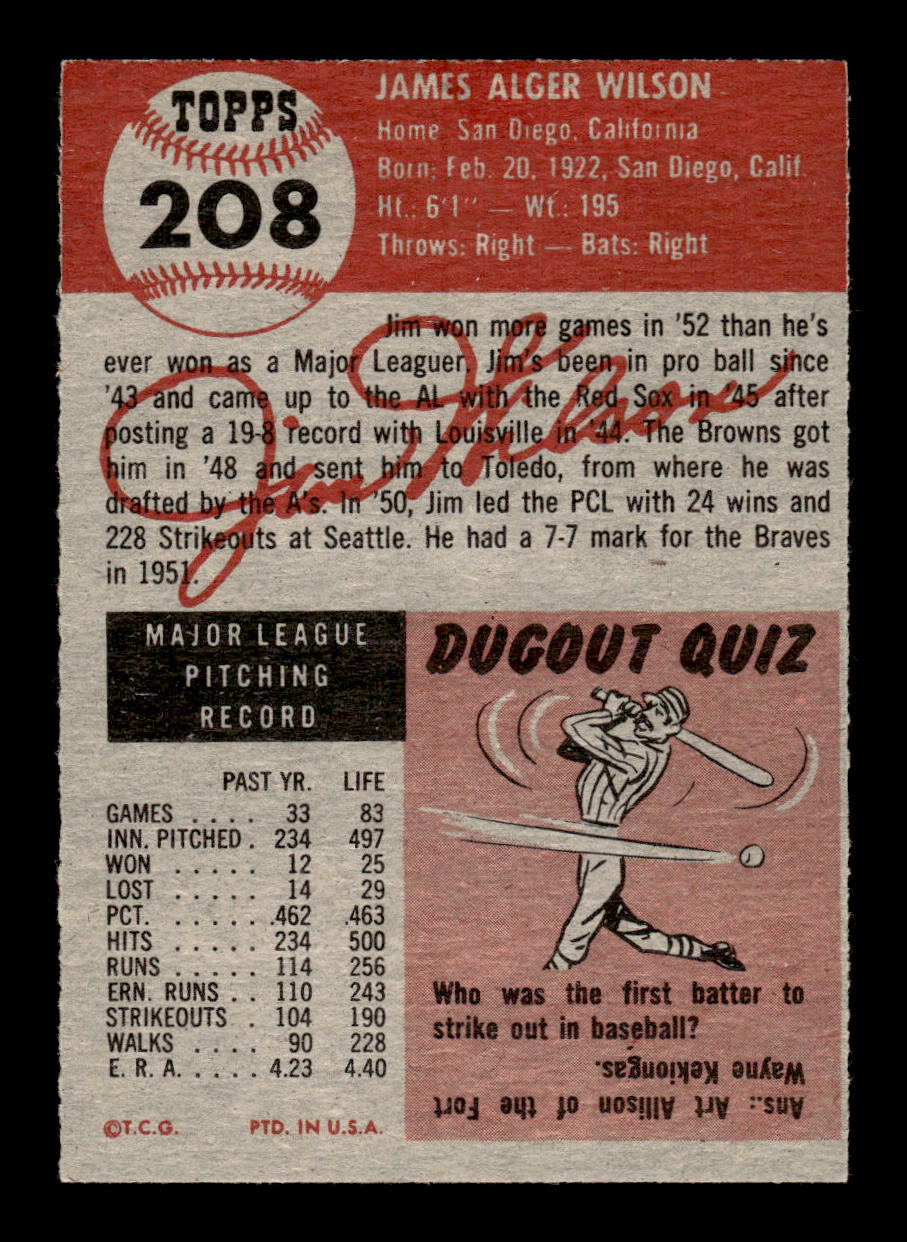 1953 Topps #208 Jim Wilson Milwaukee Braves VG MM26013991