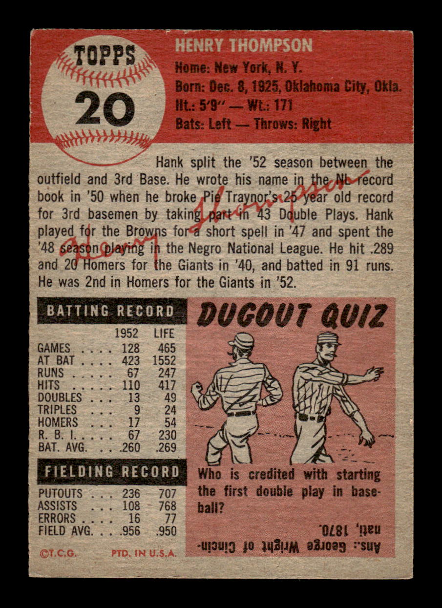 1953 Topps #20 Hank Thompson New York Giants VGEX MM26013992