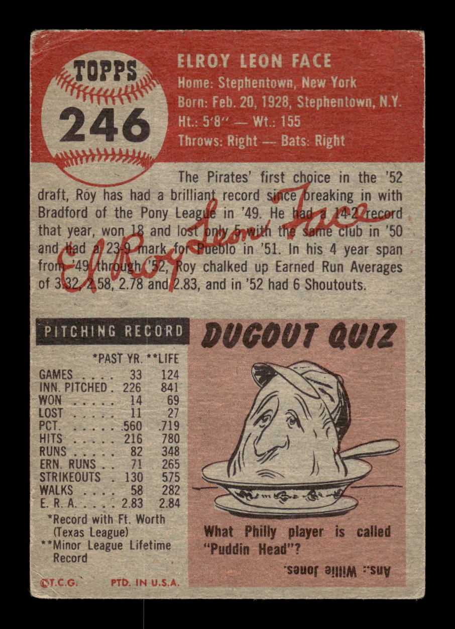 1953 Topps #246 Roy Face Pittsburgh Pirates VG MM26014002