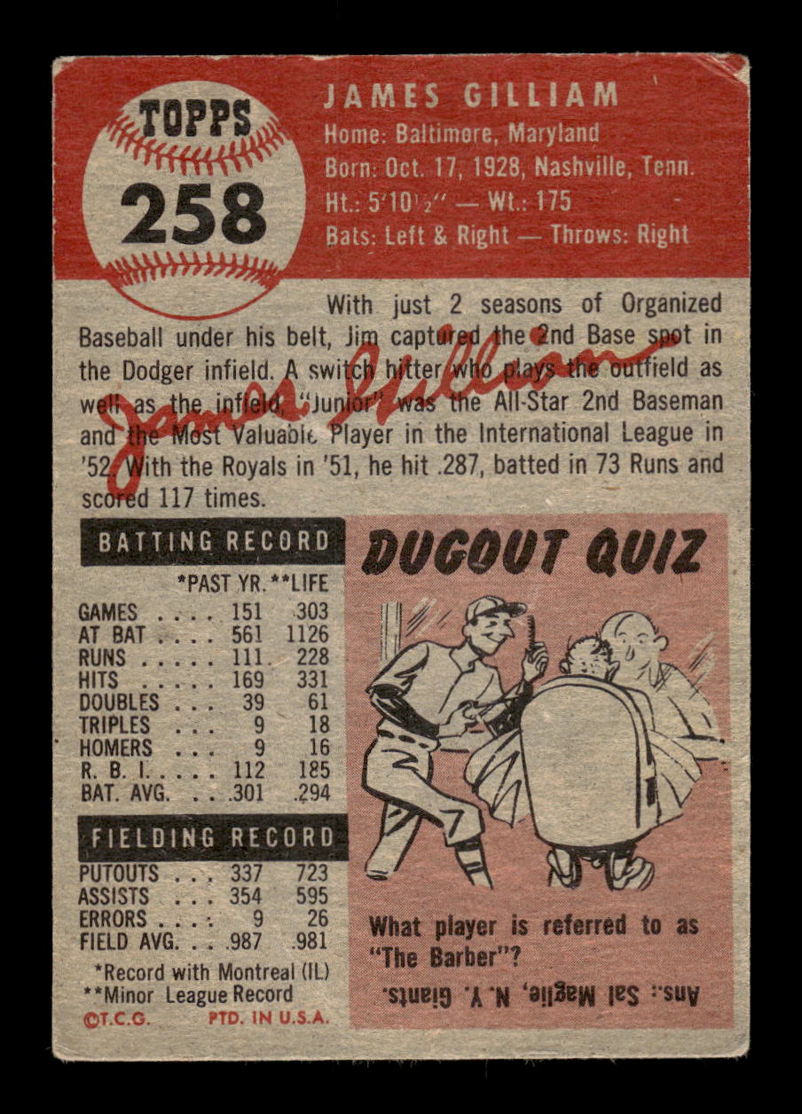 1953 Topps #258 Jim Gilliam Brooklyn Dodgers G/VG MM26014004