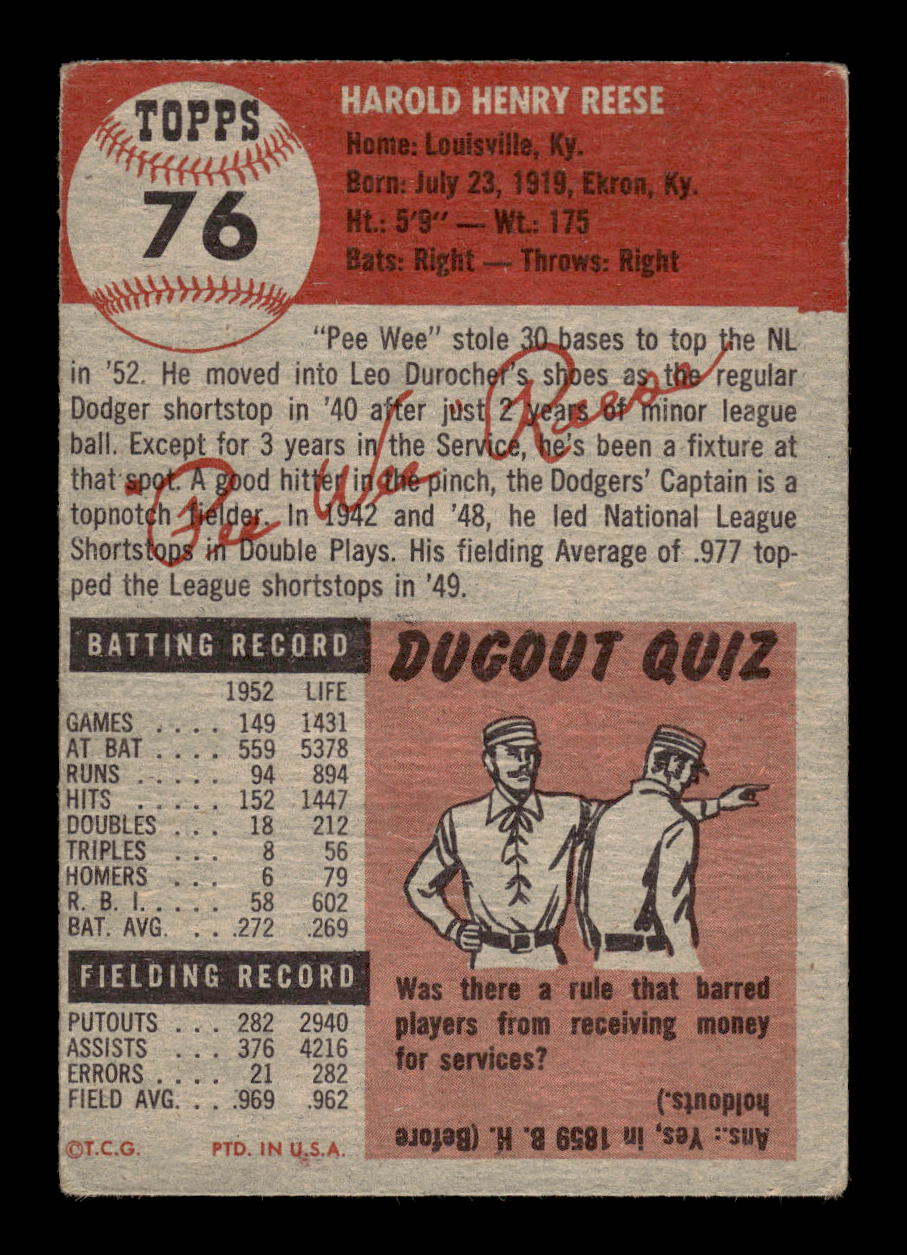 1953 Topps #76 Pee Wee Reese Brooklyn Dodgers VG MM26014006